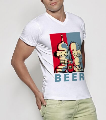 T-shirt Brothers Beer Homme Col V Blanc